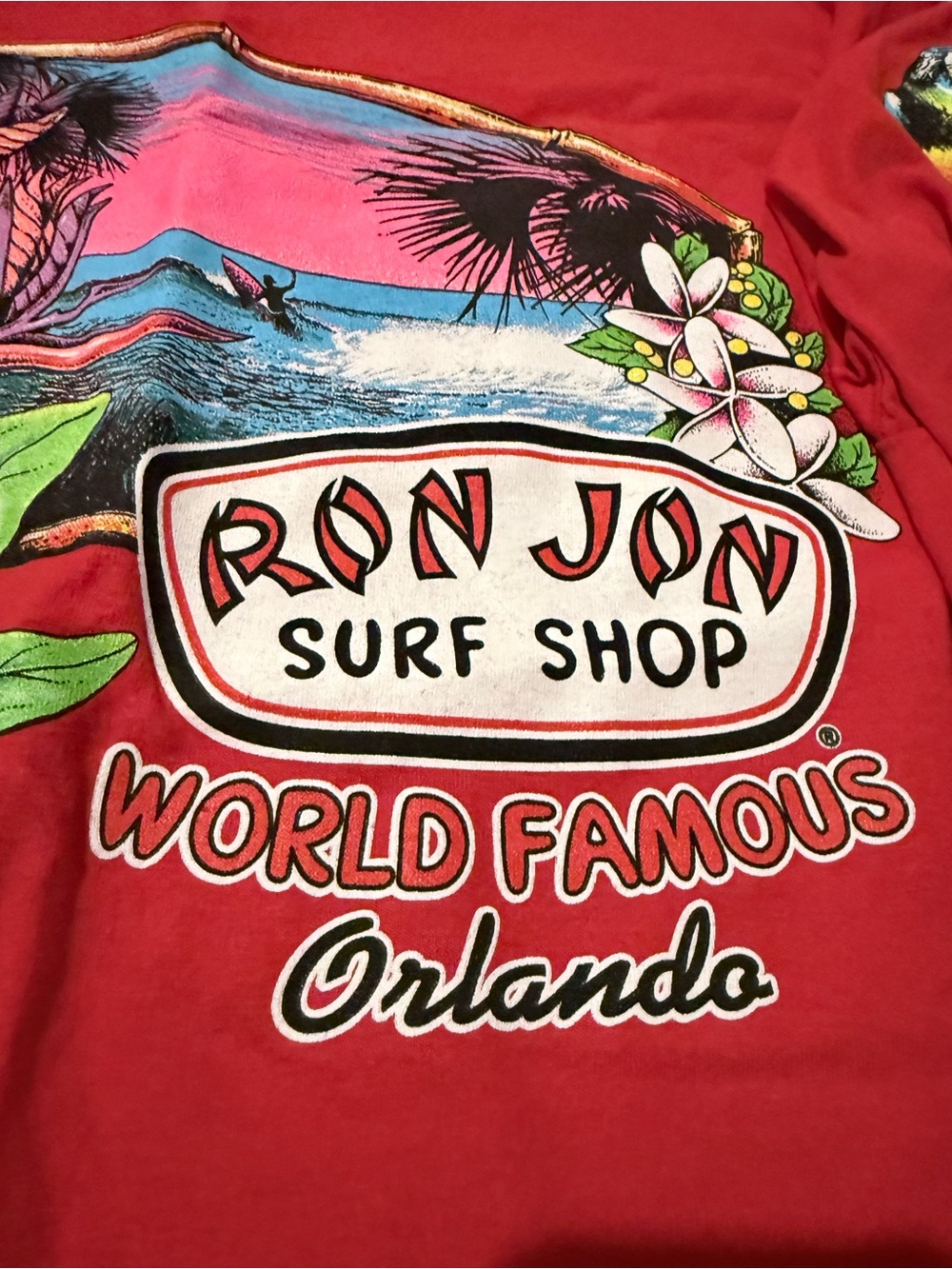 Ron Jon Red Tee with Tropical Multicolor Graphic